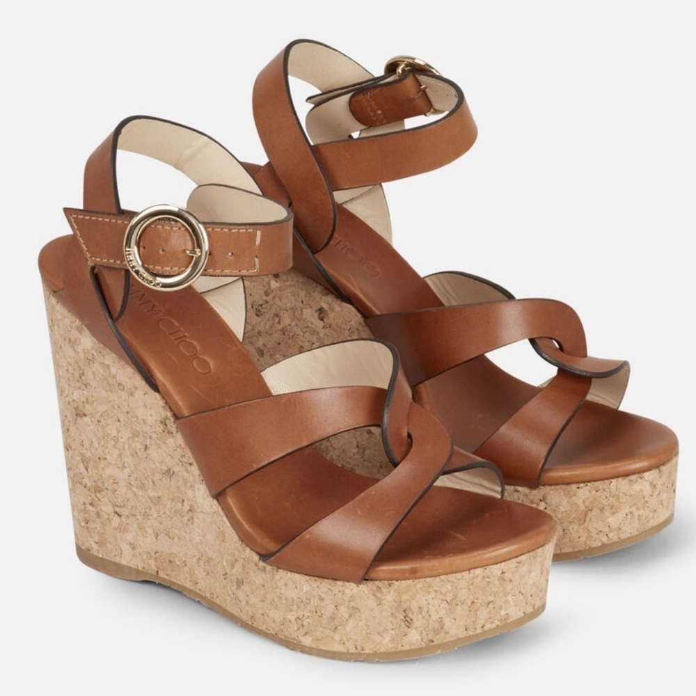 JIMMY CHOO ALEILI CORK PLATFORM WEDGE SANDALS BROWN LEATHER! New!